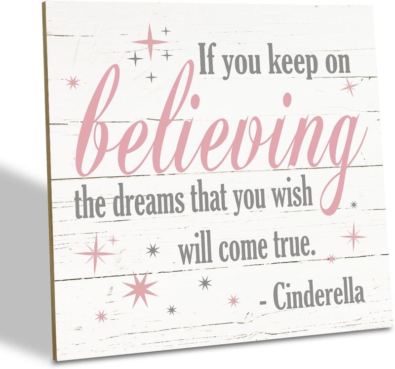 SUSZDOU Nursery Decor, Inspirational Sign, Wood Plaque Table Art Sign 6.2*6.2inch, Princess Shelf Decor, Bedroom Decorate for Baby Girl, Cute Decorate, If You Keep On Believing The Dreams You Wish Will Come True B - Image 1